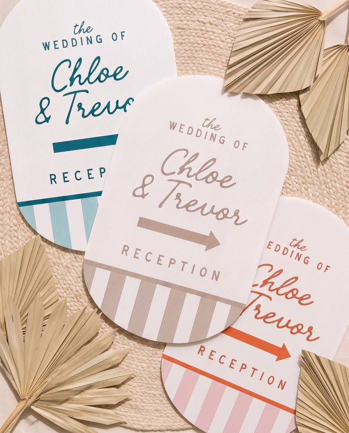 Oval wedding directional yard sign in Deep End, Tangerine and Teak Cabana stripes #Color_Deep End
#Color_Tangerine
#Color_Teak
