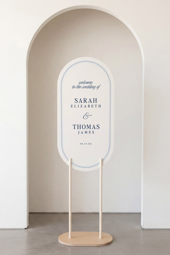 French navy oval wedding welcome sign with a lace border #shape_Oval#color_French Navy