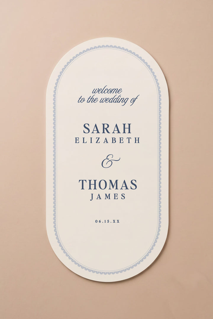French navy oval wedding welcome sign with a lace border #shape_Oval#color_French Navy