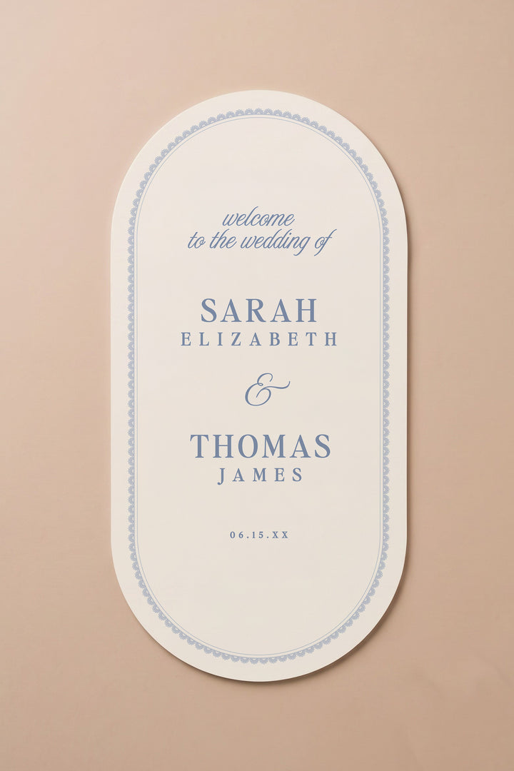 Powder blue oval wedding welcome sign with a lace border #shape_Oval#color_Powder