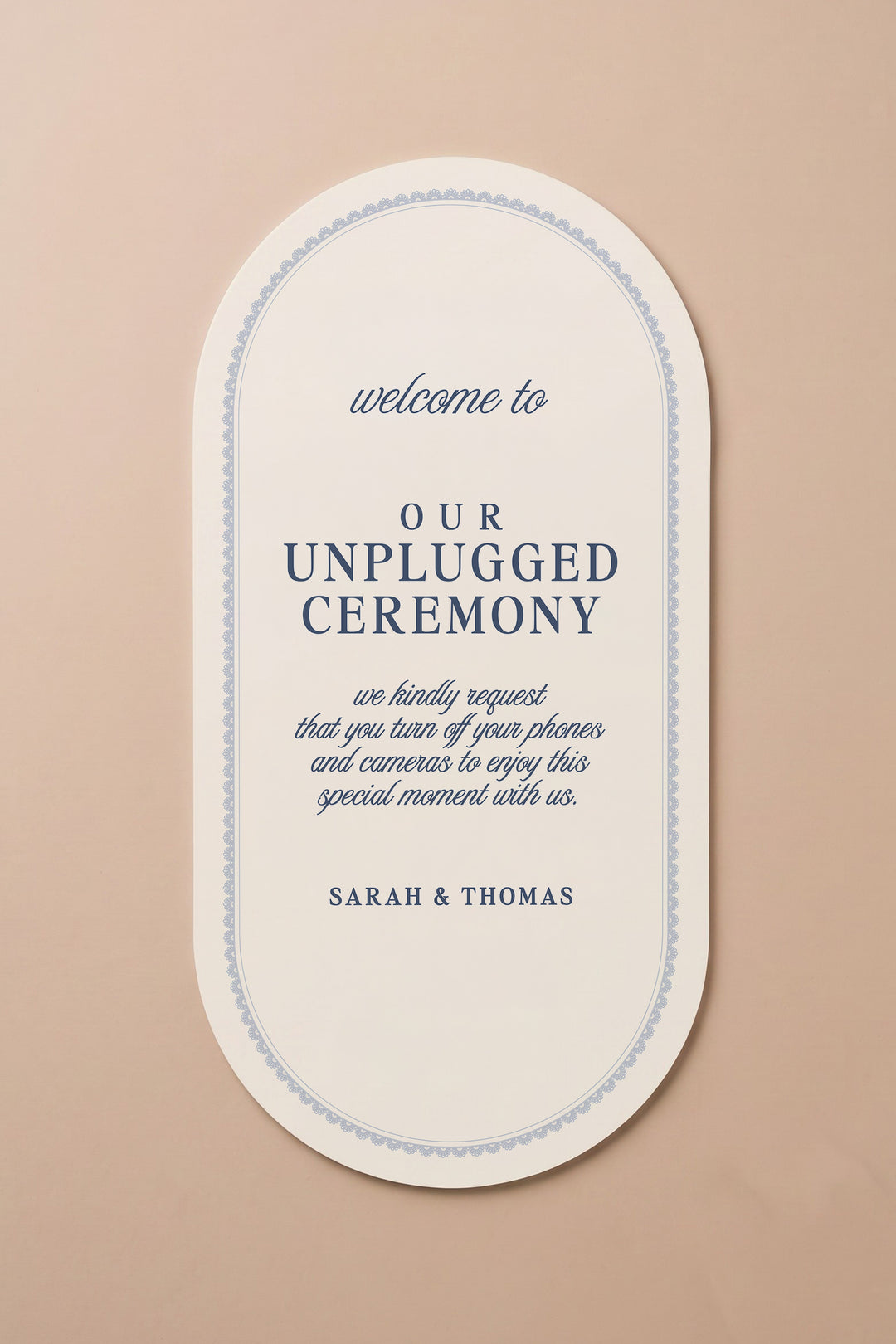 French navy oval unplugged ceremony sign with a lace border #shape_Oval#color_French Navy