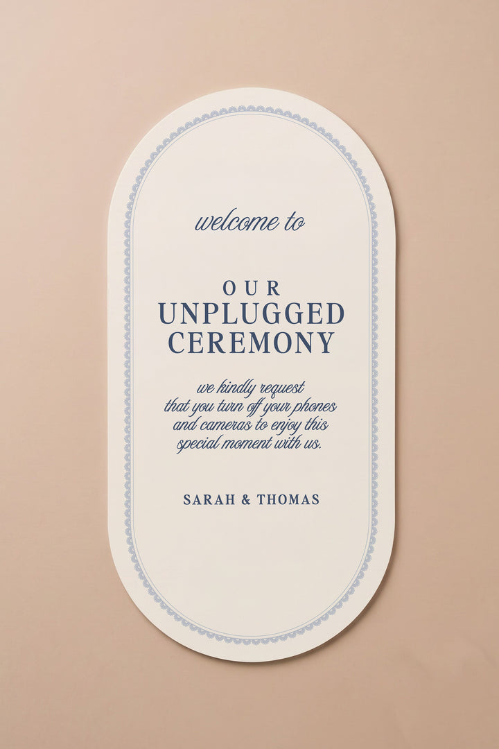 French navy oval unplugged ceremony sign with a lace border #shape_Oval#color_French Navy