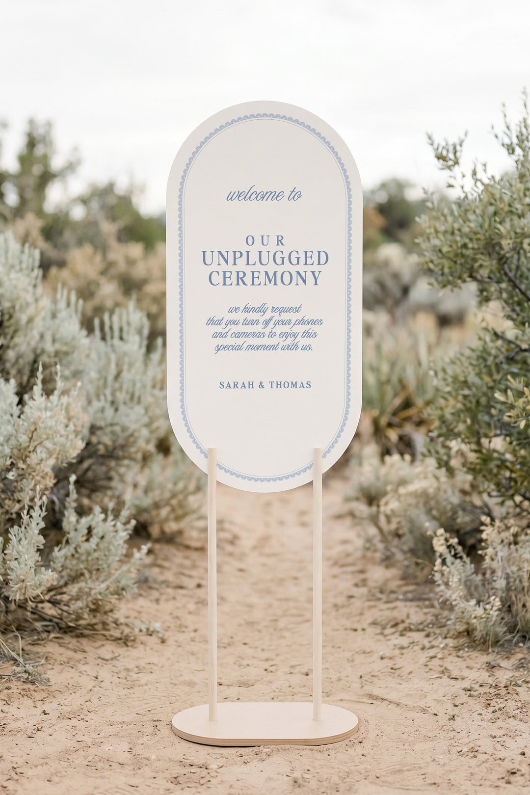 Powder blue oval unplugged ceremony sign with a lace border #shape_Oval#color_Powder