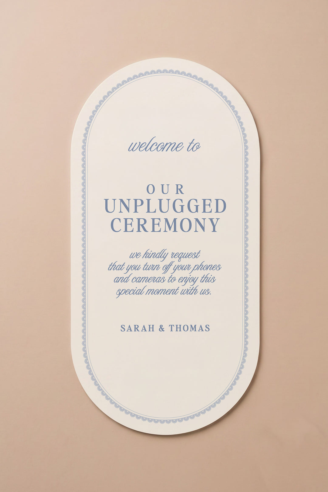 Powder blue oval unplugged ceremony sign with a lace border #shape_Oval#color_Powder