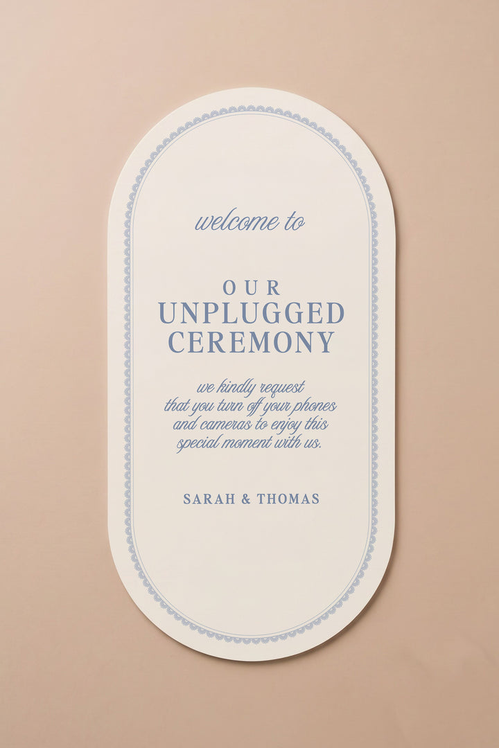 Powder blue oval unplugged ceremony sign with a lace border #shape_Oval#color_Powder