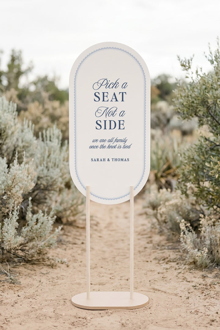French navy oval pick a seat not a side wedding sign with a lace border #shape_Oval#color_French Navy