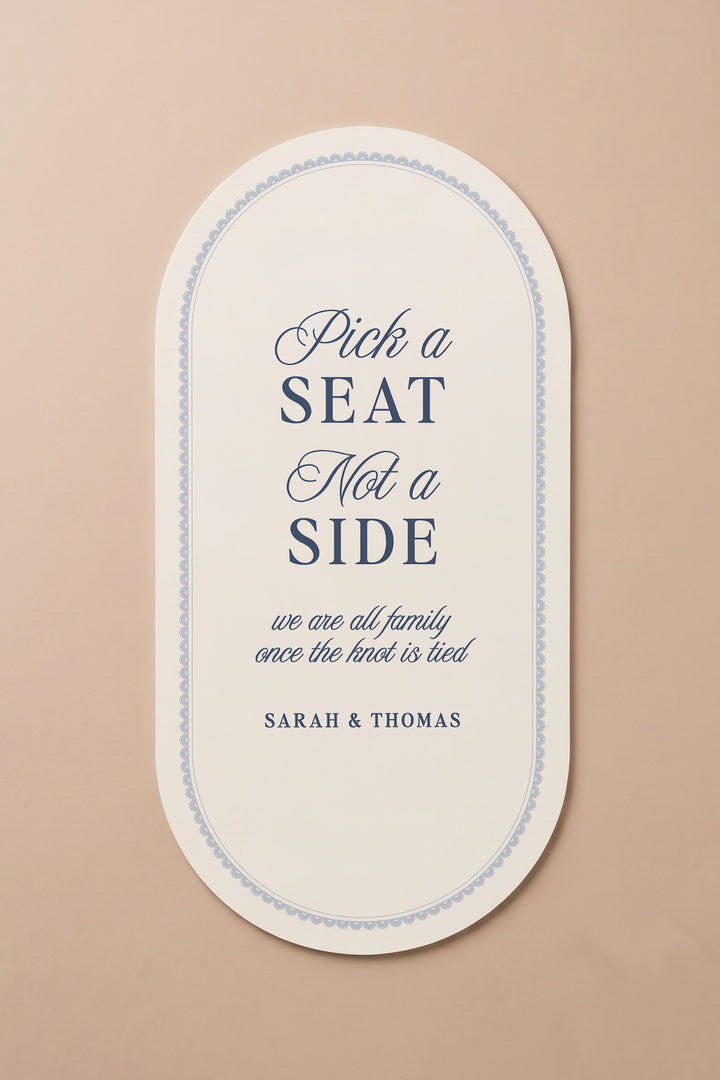 French navy oval pick a seat not a side wedding sign with a lace border #shape_Oval#color_French Navy