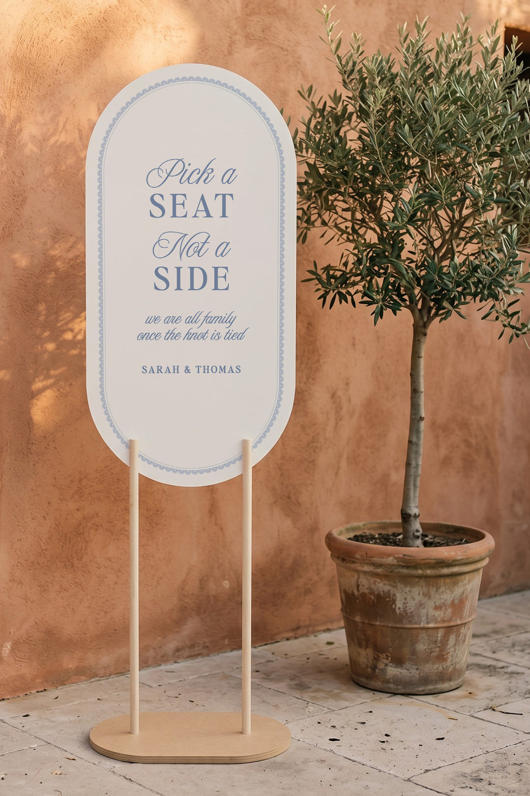 Powder blue oval pick a seat not a side wedding sign with a lace border #shape_Oval#color_Powder