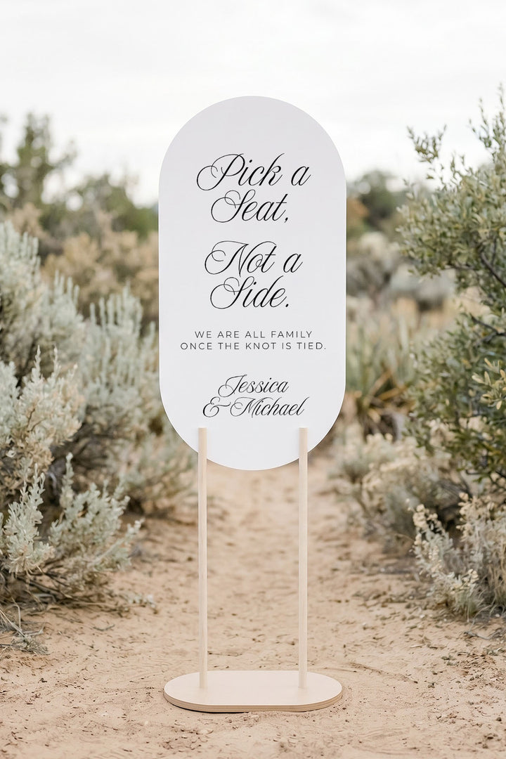 Oval pick a seat not a side sign on a wood stand in a lavender garden #shape_Oval#size_Signature