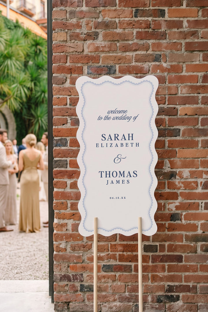 French navy wavy edge wedding welcome sign with a lace border #shape_Wavy#color_French Navy