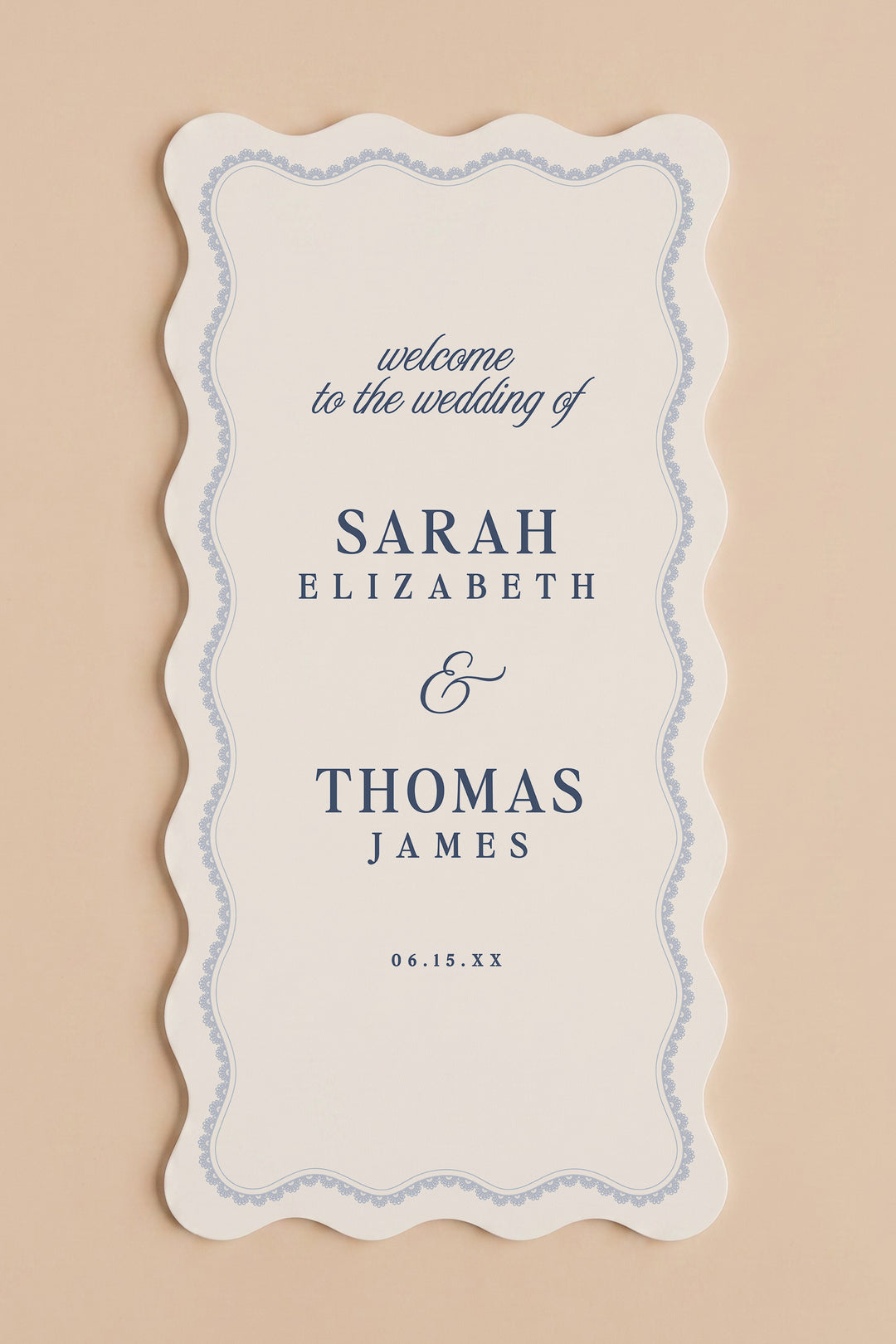 French navy wavy edge wedding welcome sign with a lace border #shape_Wavy#color_French Navy