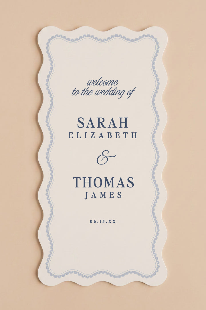 French navy wavy edge wedding welcome sign with a lace border #shape_Wavy#color_French Navy