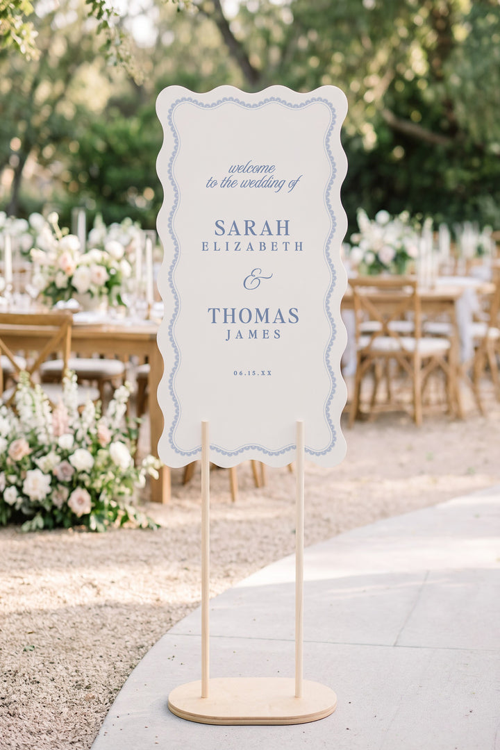 Powder blue wavy edge wedding welcome sign with a lace border #shape_Wavy#color_Powder