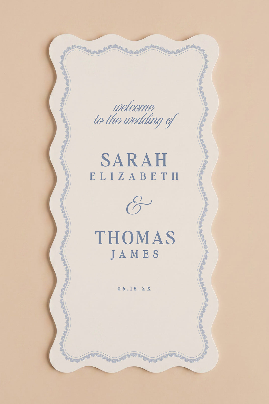 Powder blue wavy edge wedding welcome sign with a lace border #shape_Wavy#color_Powder