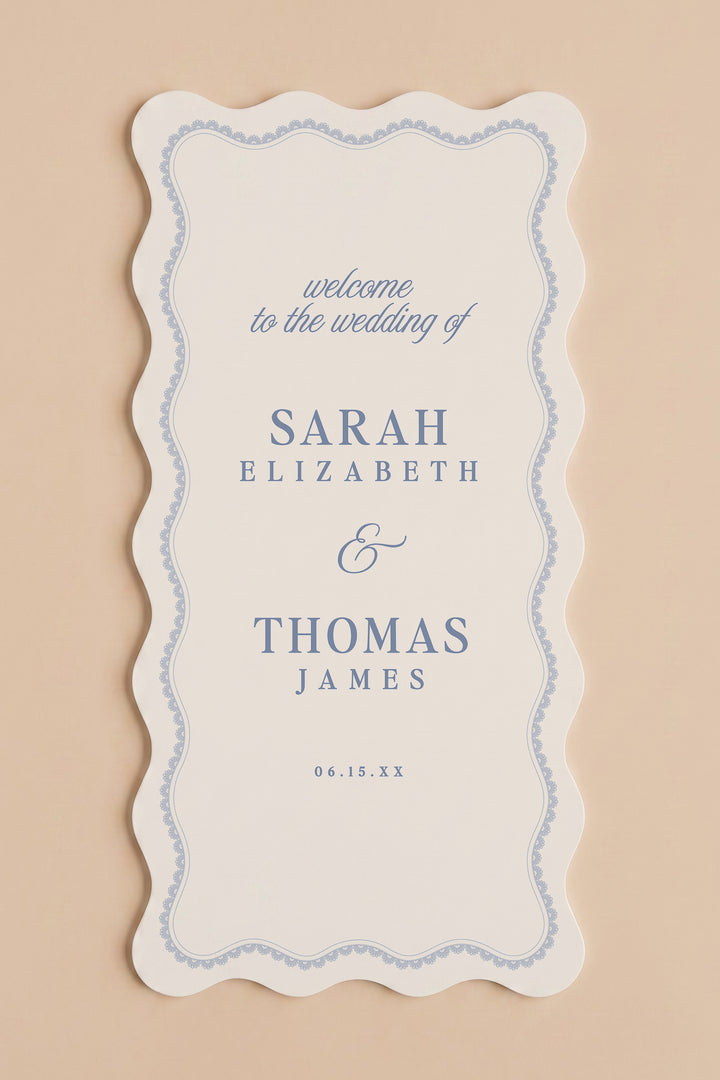 Powder blue wavy edge wedding welcome sign with a lace border #shape_Wavy#color_Powder