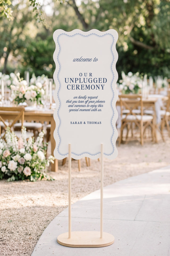 French navy wavy edge unplugged ceremony sign with a lace border #shape_Wavy#color_French Navy