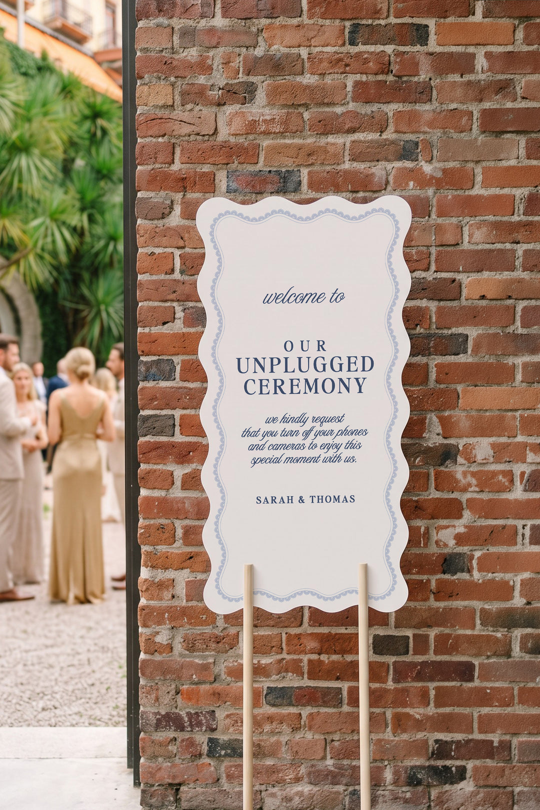 French navy wavy edge unplugged ceremony sign with a lace border #shape_Wavy#color_French Navy