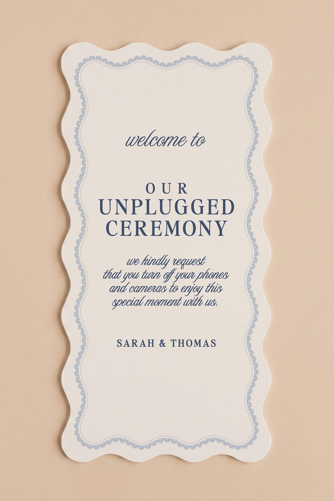 French navy wavy edge unplugged ceremony sign with a lace border #shape_Wavy#color_French Navy