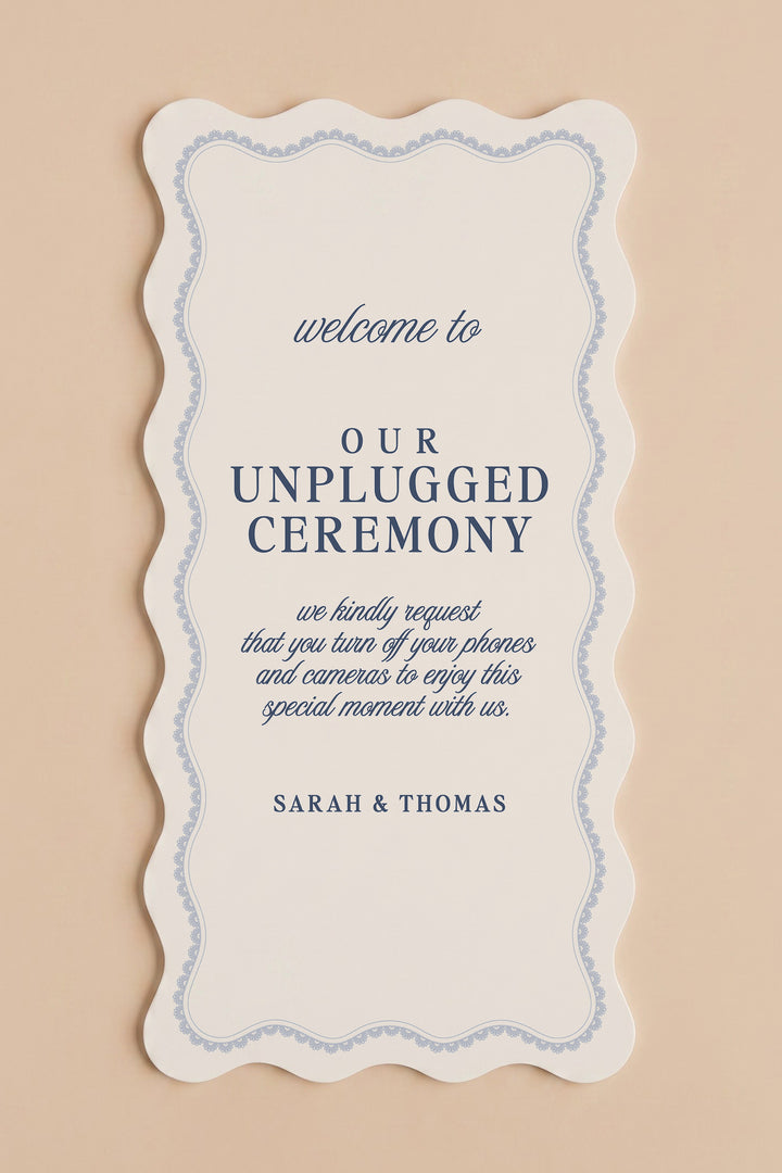 French navy wavy edge unplugged ceremony sign with a lace border #shape_Wavy#color_French Navy