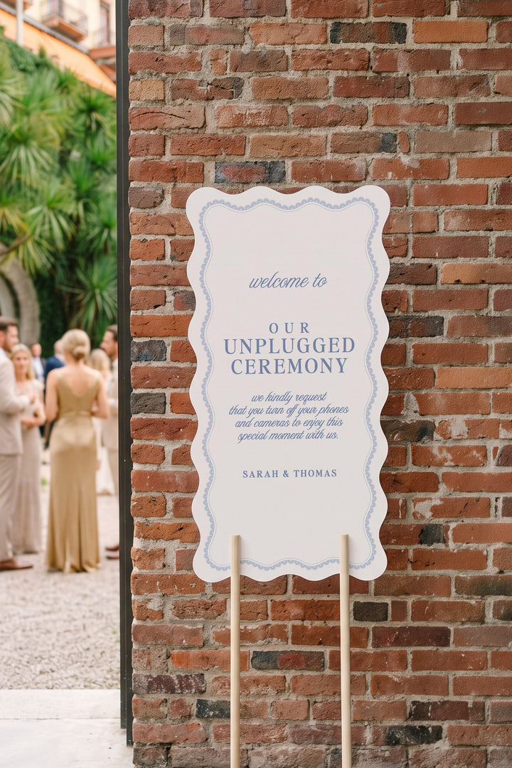 Powder blue wavy edge unplugged ceremony sign with a lace border #shape_Wavy#color_Powder