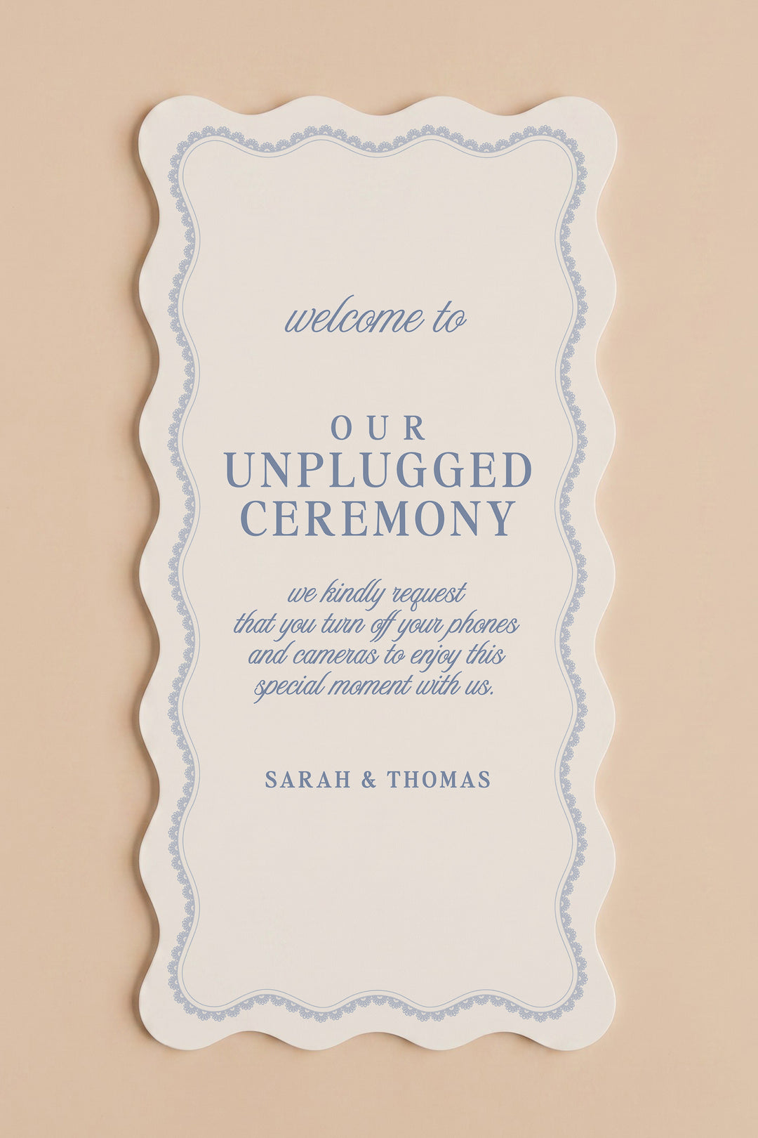 Powder blue wavy edge unplugged ceremony sign with a lace border #shape_Wavy#color_Powder