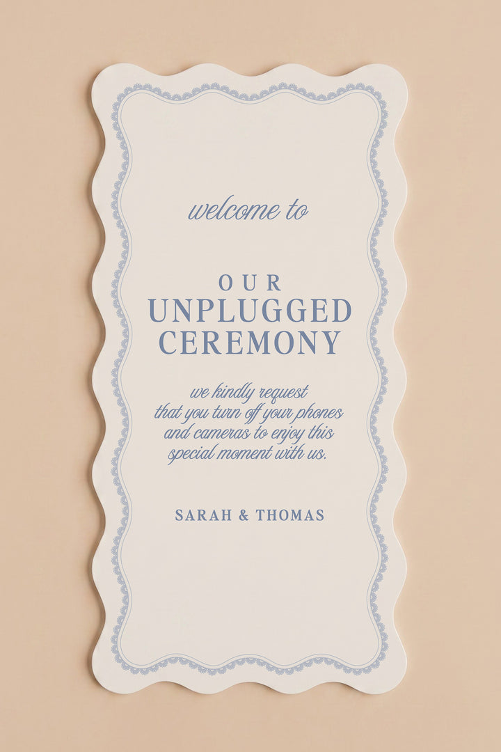 Powder blue wavy edge unplugged ceremony sign with a lace border #shape_Wavy#color_Powder