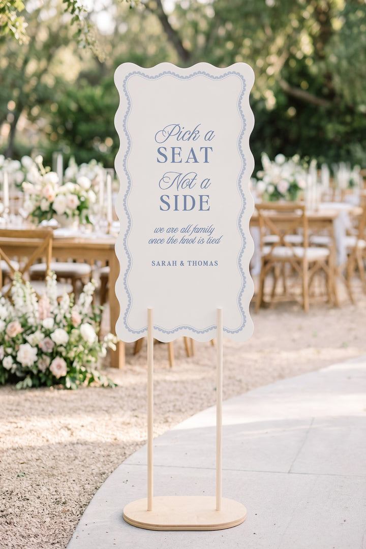 Powder blue wavy edge pick a seat not a side wedding sign with a lace border #shape_Wavy#color_Powder