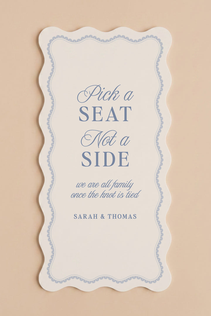 Powder blue wavy edge pick a seat not a side wedding sign with a lace border #shape_Wavy#color_Powder