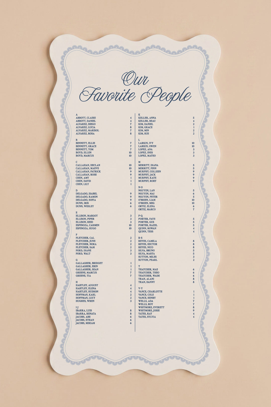 French navy wavy edge wedding seating chart with a lace border, guests listed A to Z with table numbers #shape_Wavy#color_French Navy
