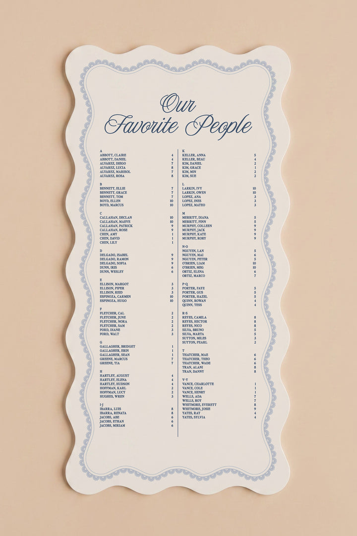 French navy wavy edge wedding seating chart with a lace border, guests listed A to Z with table numbers #shape_Wavy#color_French Navy