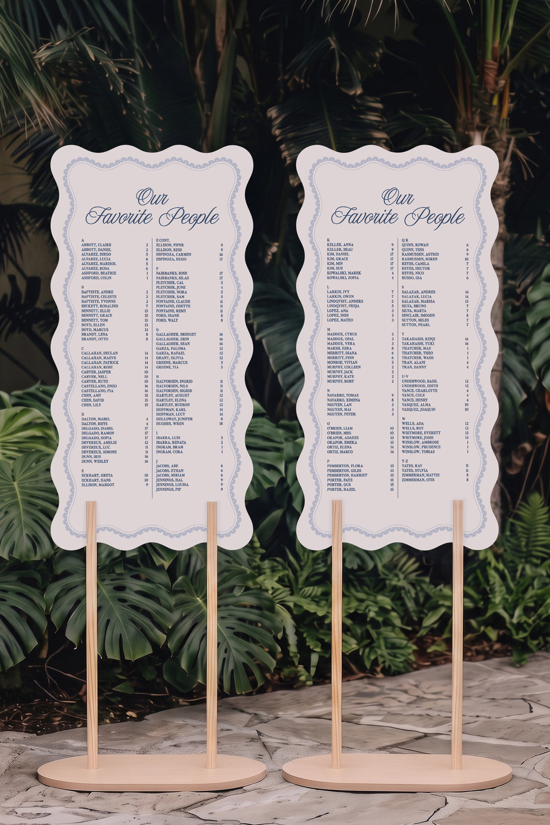 Two panel French navy wavy edge wedding seating chart on matching stands, guests A to Z with table numbers #shape_Wavy#color_French Navy