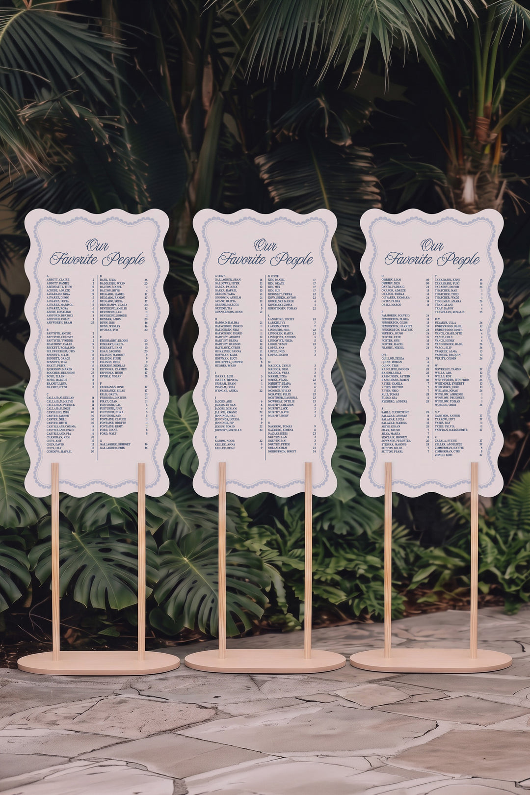 Three panel French navy wavy edge wedding seating chart on matching stands, guests A to Z with table numbers #shape_Wavy#color_French Navy