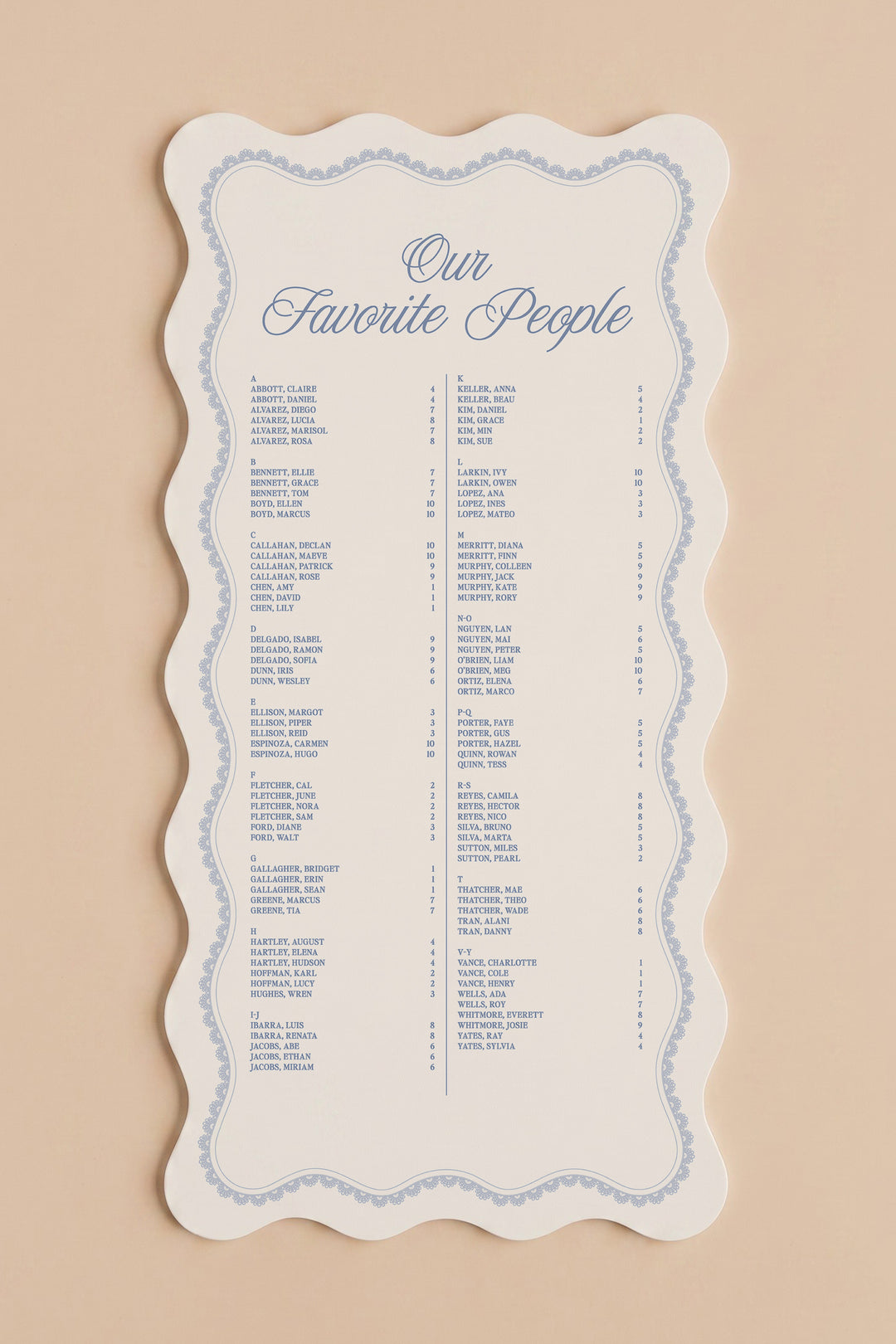 Powder blue wavy edge wedding seating chart with a lace border, guests listed A to Z with table numbers #shape_Wavy#color_Powder