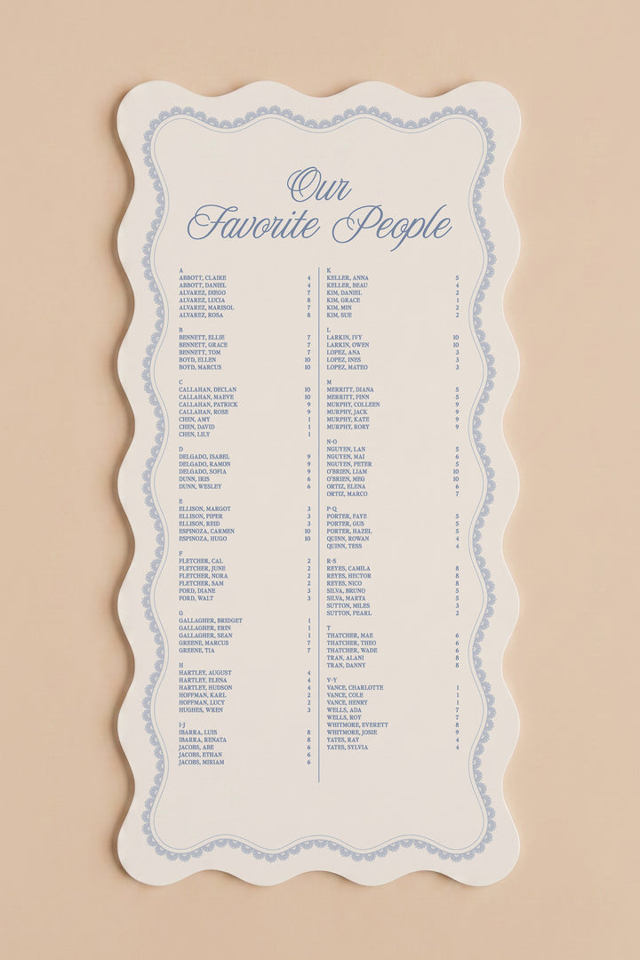Powder blue wavy edge wedding seating chart with a lace border, guests listed A to Z with table numbers #shape_Wavy#color_Powder