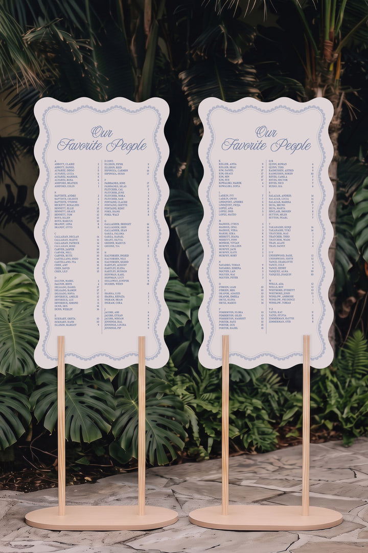 Two panel Powder blue wavy edge wedding seating chart on matching stands, guests A to Z with table numbers #shape_Wavy#color_Powder