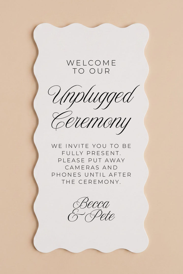 Wavy unplugged ceremony sign, studio view showing the ripple cut edge #shape_Wavy#size_Signature