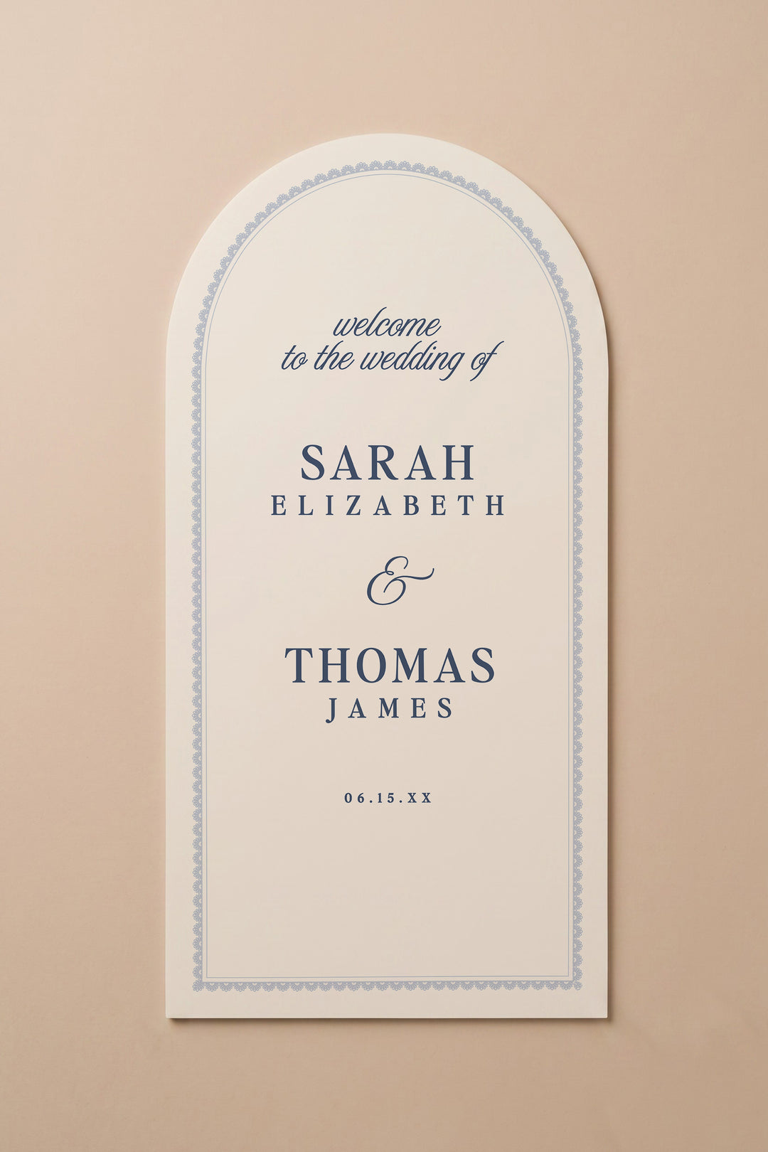 French navy arch wedding welcome sign with a lace border #shape_Arch#color_French Navy