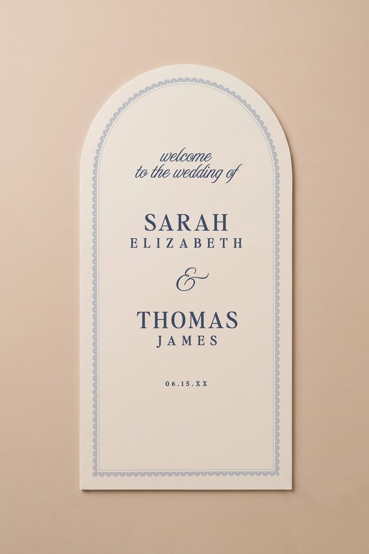 French navy arch wedding welcome sign with a lace border #shape_Arch#color_French Navy