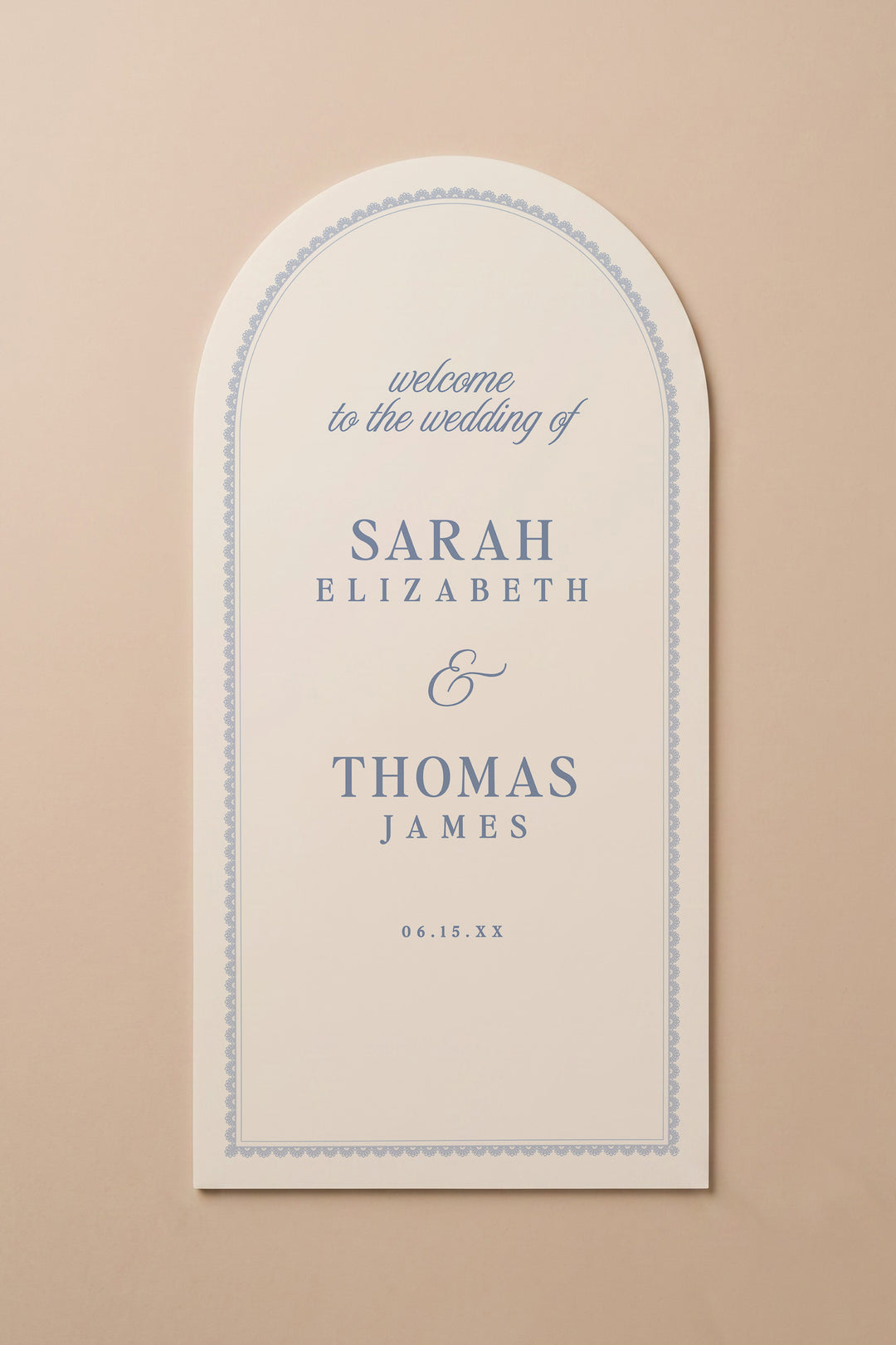 Powder blue arch wedding welcome sign with a lace border #shape_Arch#color_Powder