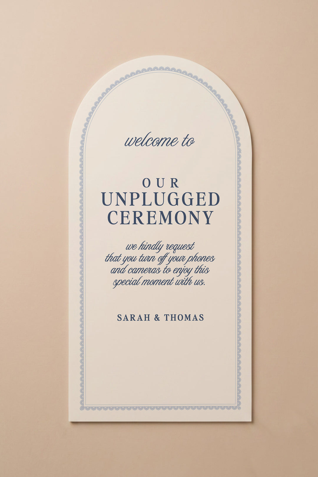 French navy arch unplugged ceremony sign with a lace border #shape_Arch#color_French Navy