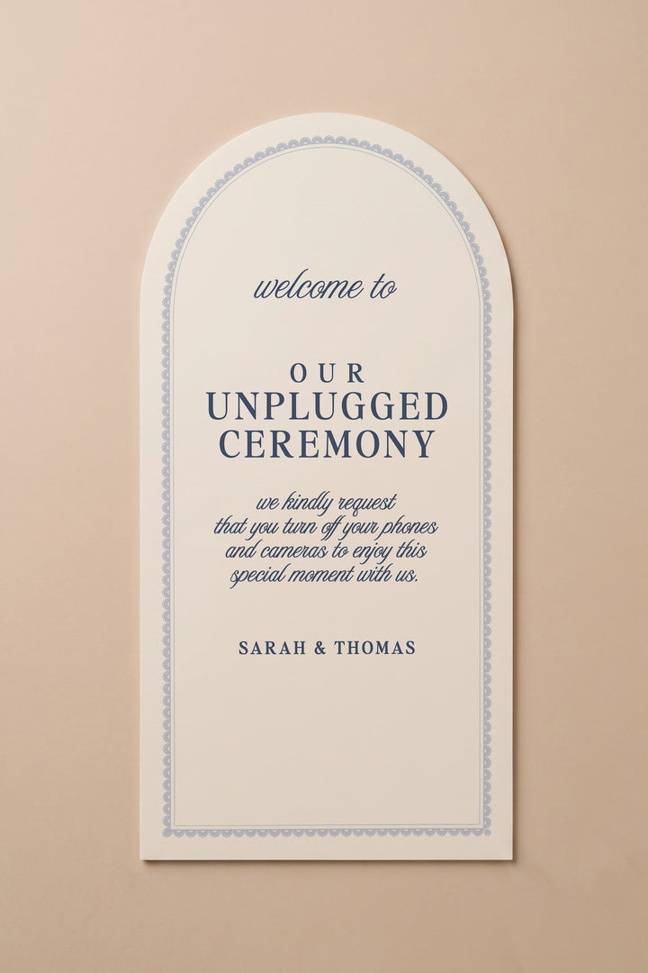 French navy arch unplugged ceremony sign with a lace border #shape_Arch#color_French Navy