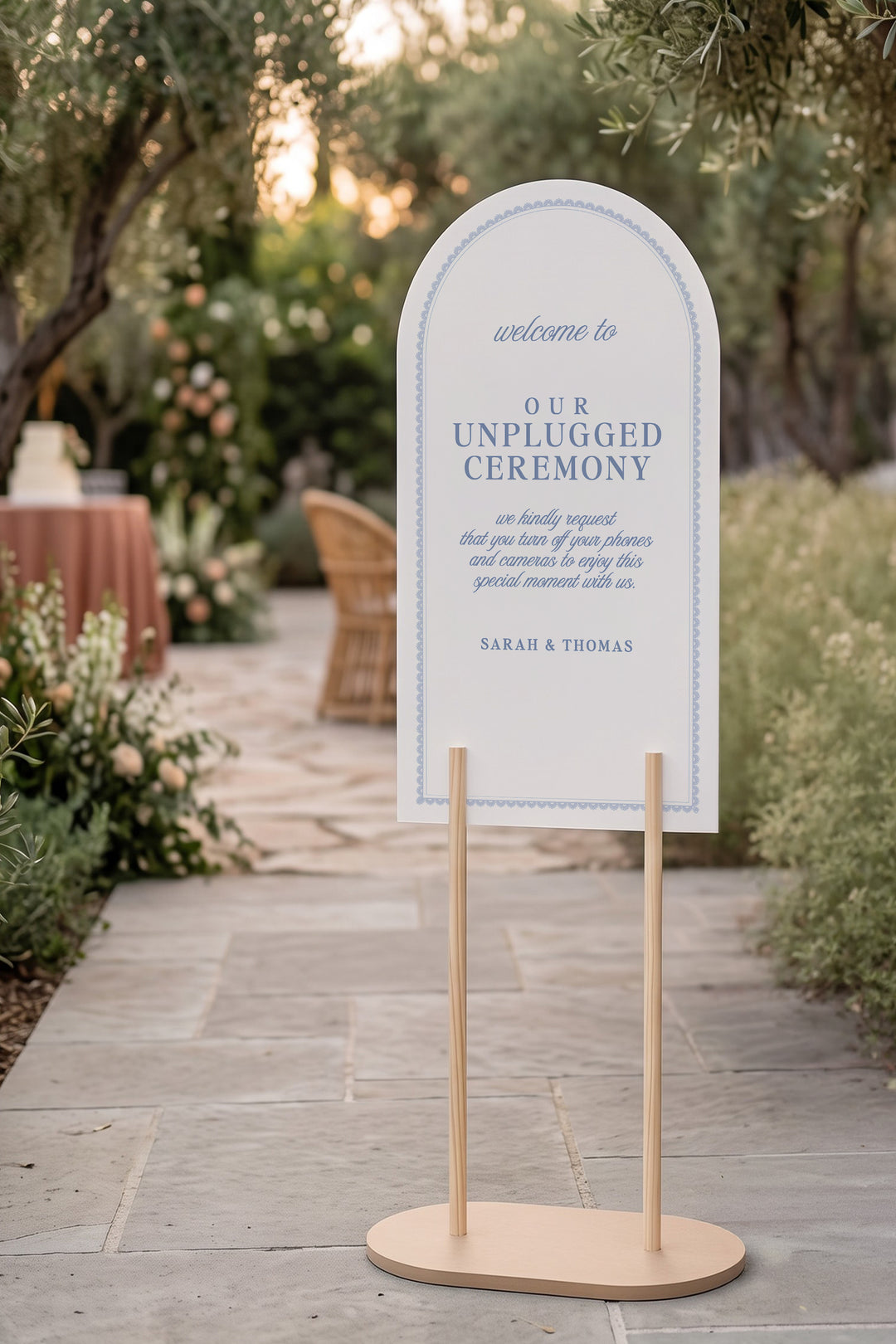 Powder blue arch unplugged ceremony sign with a lace border #shape_Arch#color_Powder