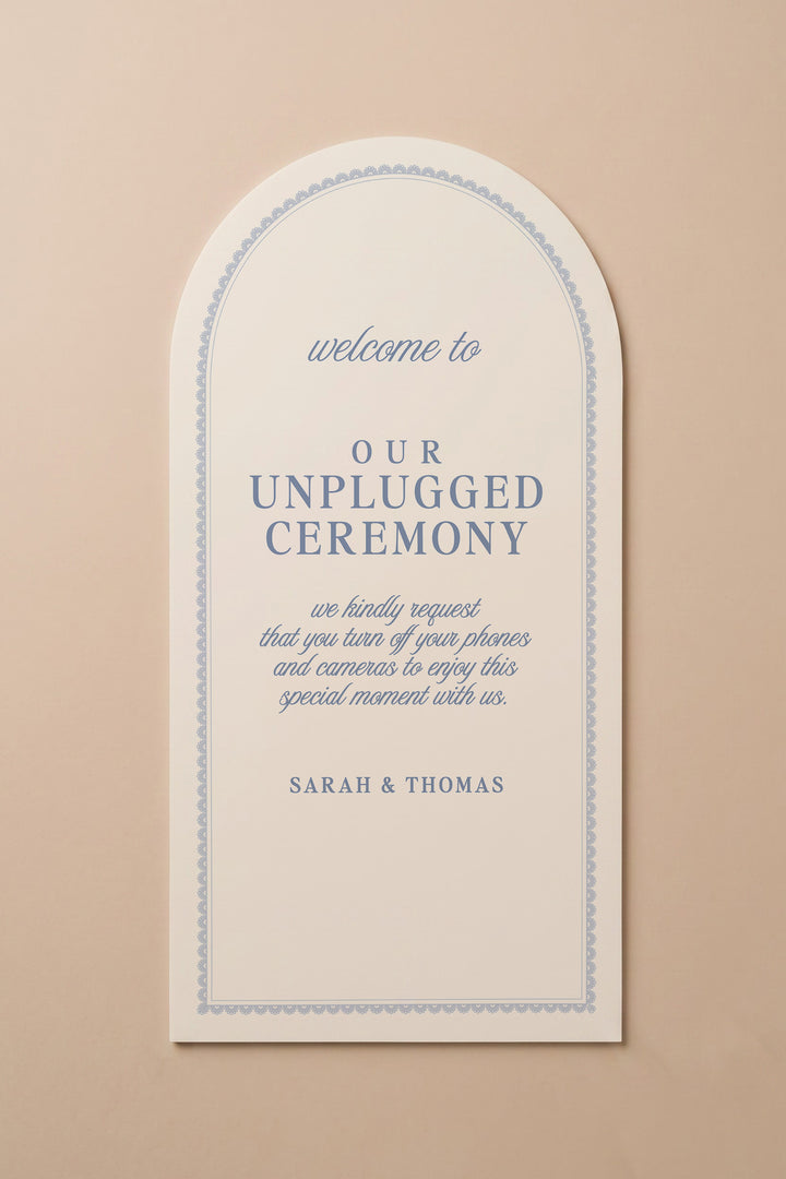 Powder blue arch unplugged ceremony sign with a lace border #shape_Arch#color_Powder
