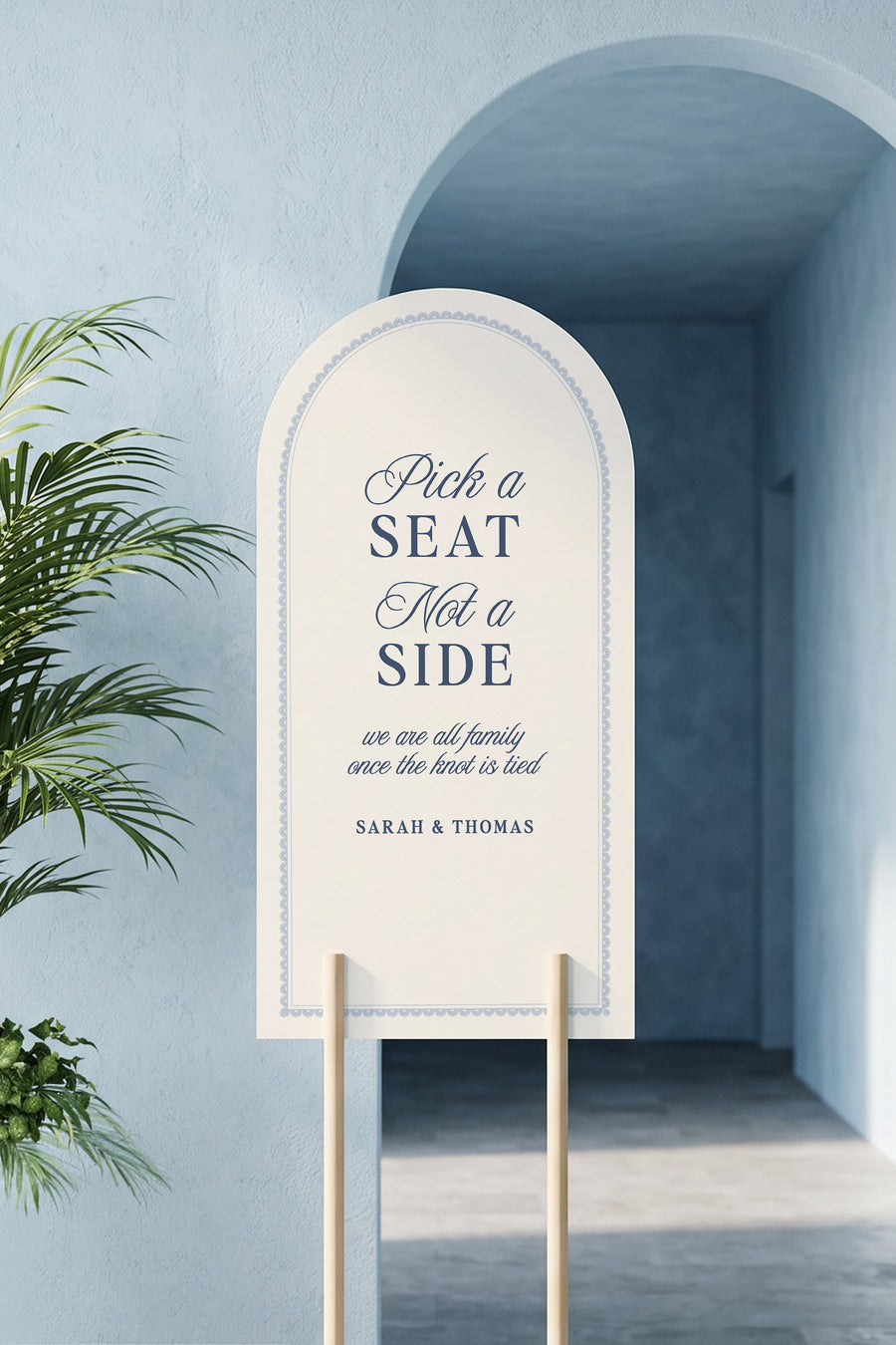 French navy arch pick a seat not a side wedding sign with a lace border #shape_Arch#color_French Navy