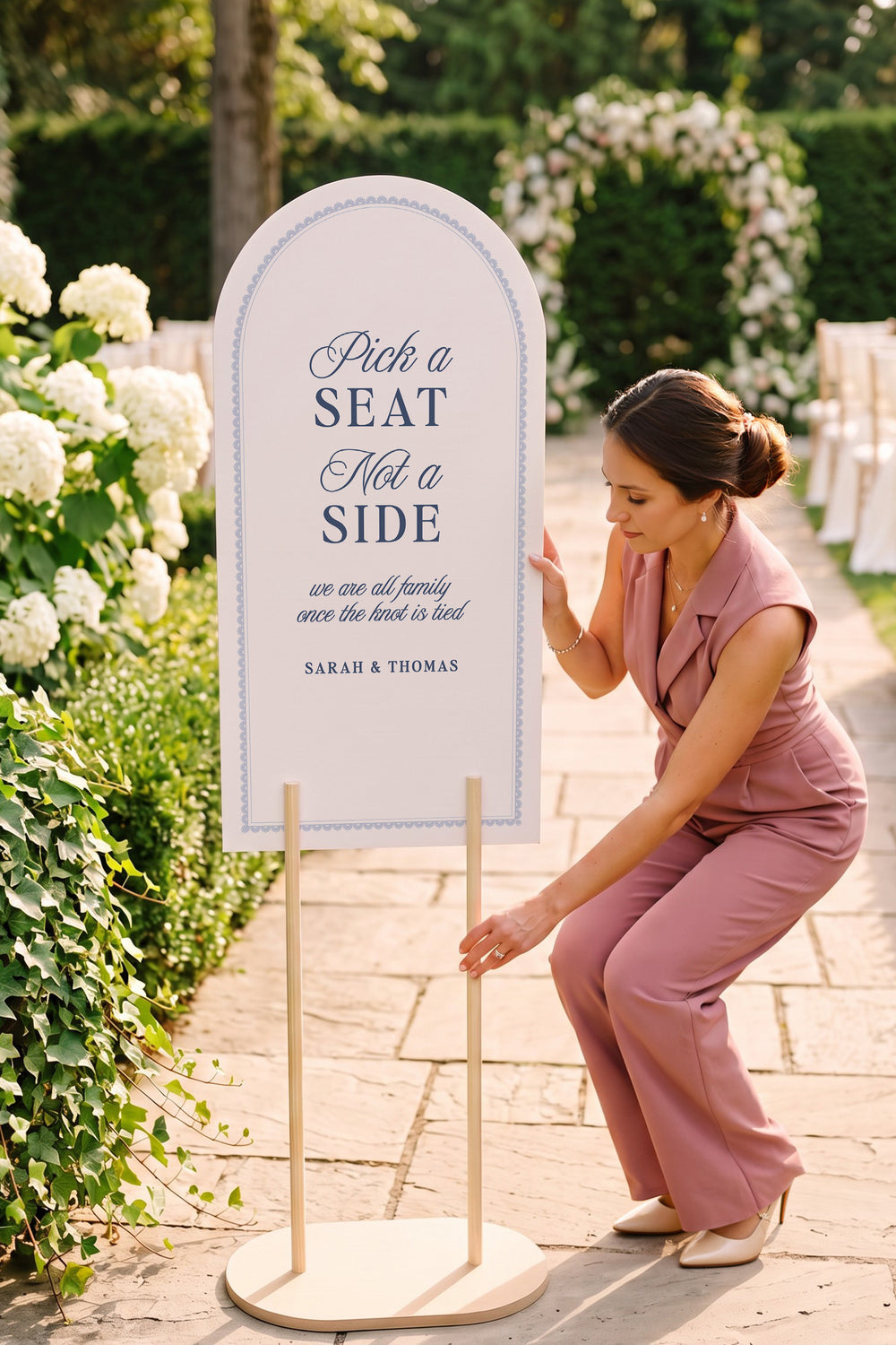 French navy arch pick a seat not a side wedding sign with a lace border #shape_Arch#color_French Navy