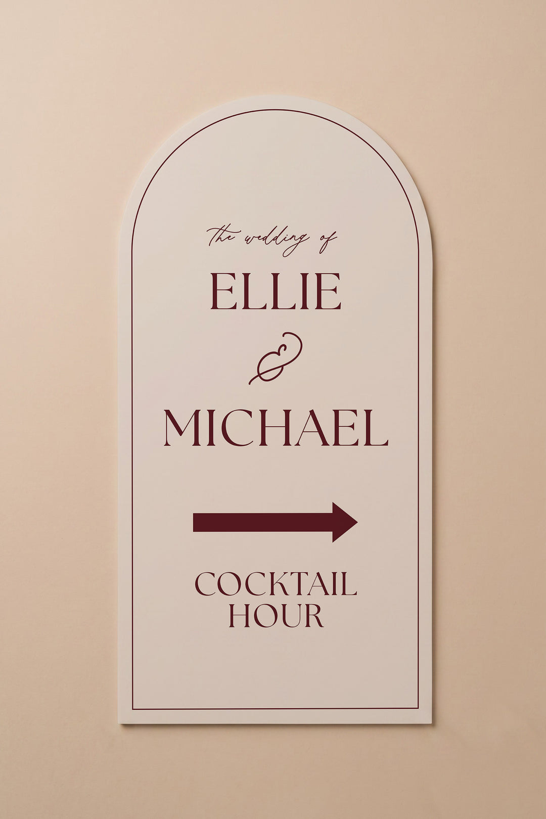 Linen off white arch cocktail hour directional sign shown flat against a warm neutral wall #color_Linen