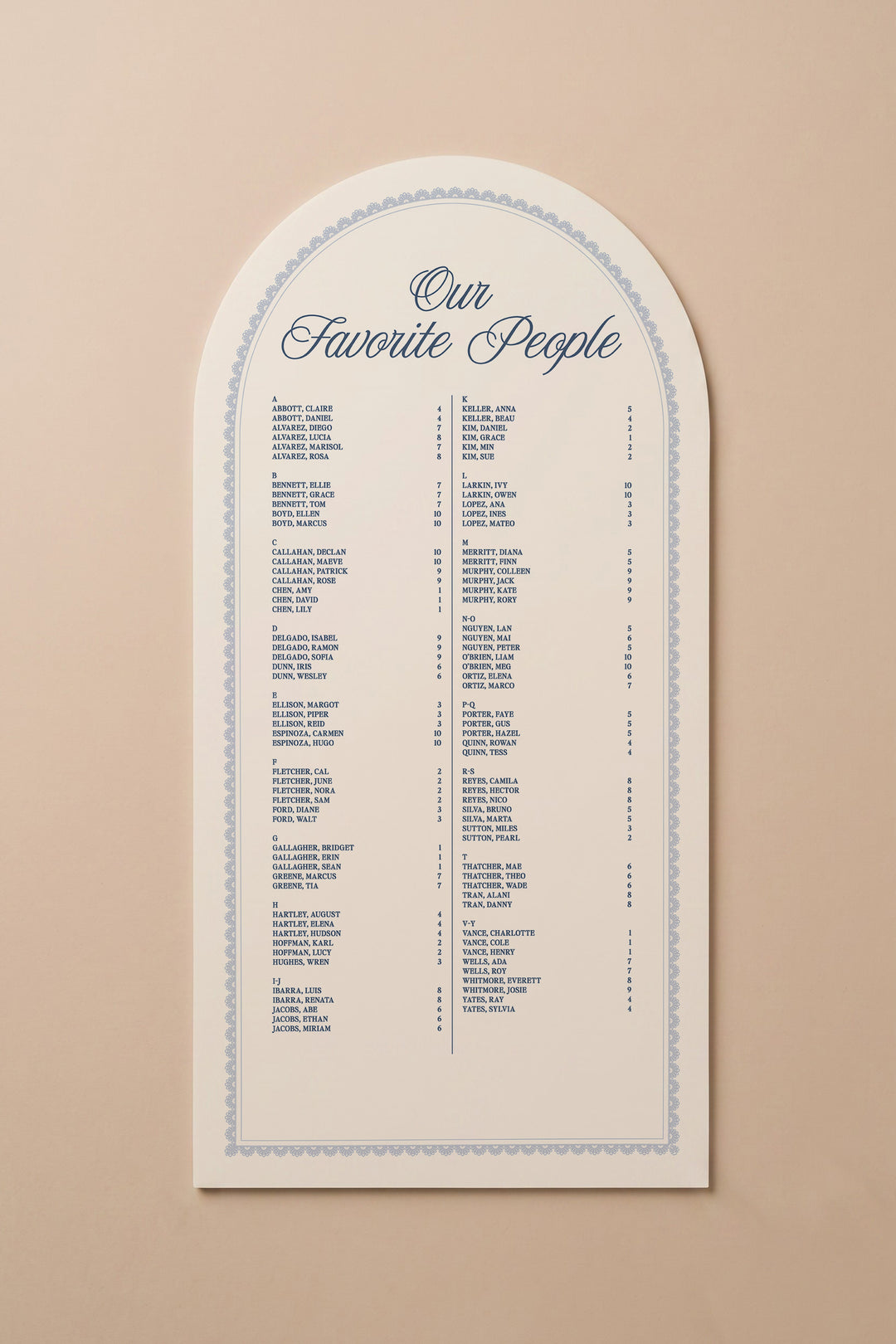 French navy arch wedding seating chart with a lace border, guests listed A to Z with table numbers #shape_Arch#color_French Navy