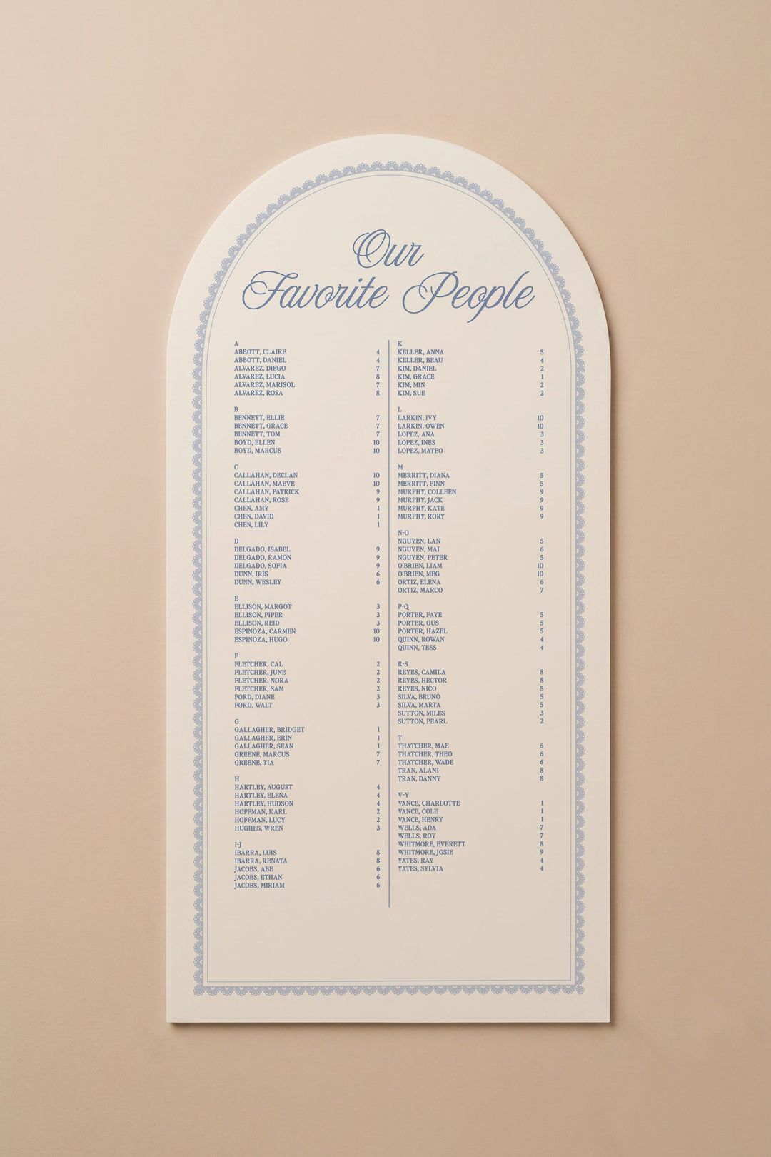 Powder blue arch wedding seating chart with a lace border, guests listed A to Z with table numbers #shape_Arch#color_Powder