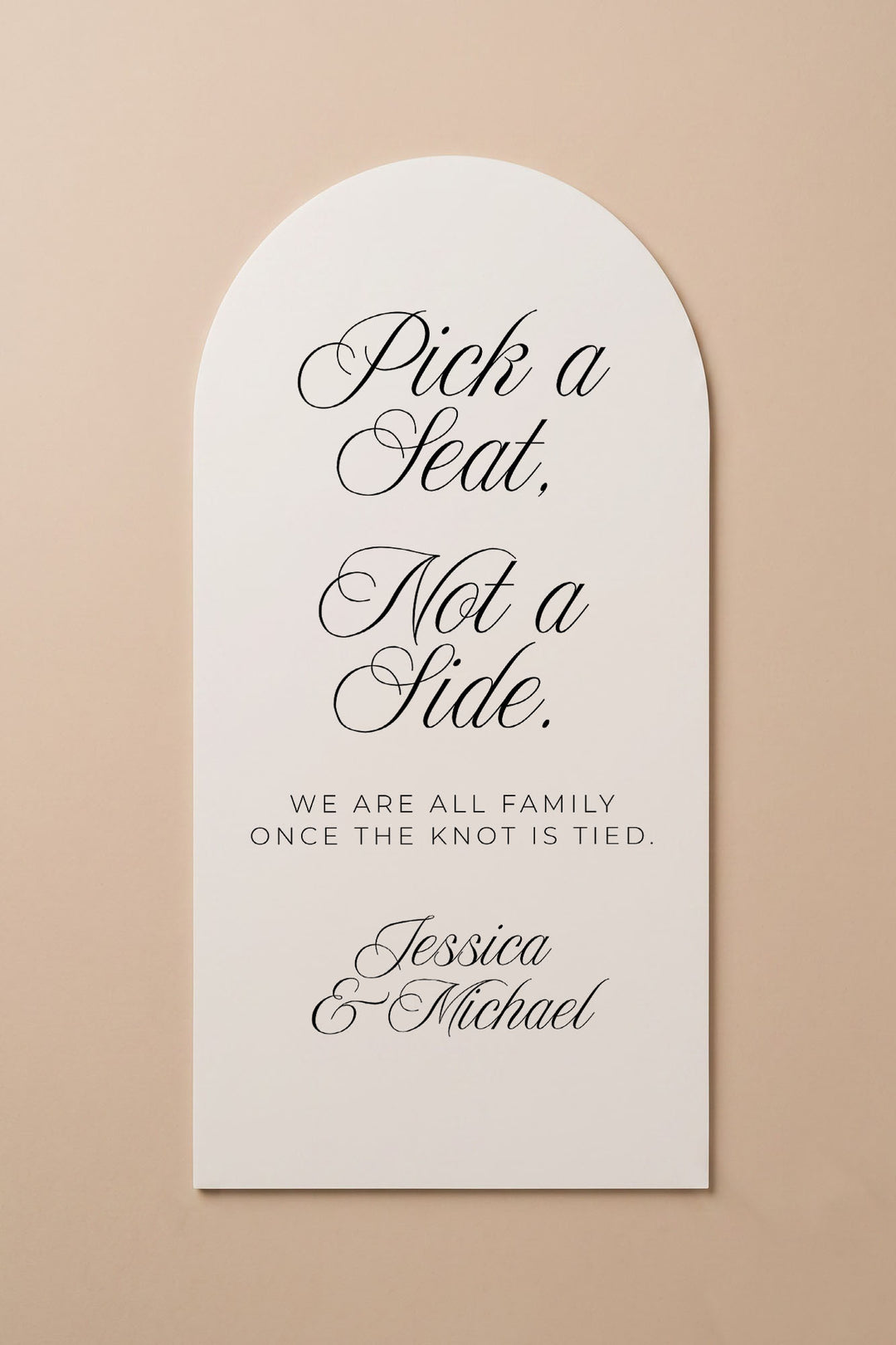 Arch pick a seat sign, studio view showing the narrow arch shape #shape_Arch#size_Signature