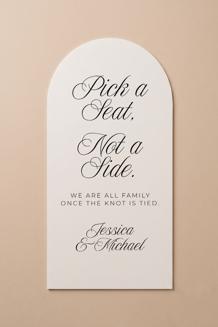 Arch pick a seat sign, studio view showing the narrow arch shape #shape_Arch#size_Signature
